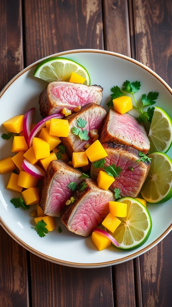 Seared tuna steaks topped with colorful mango salsa on a rustic plate.